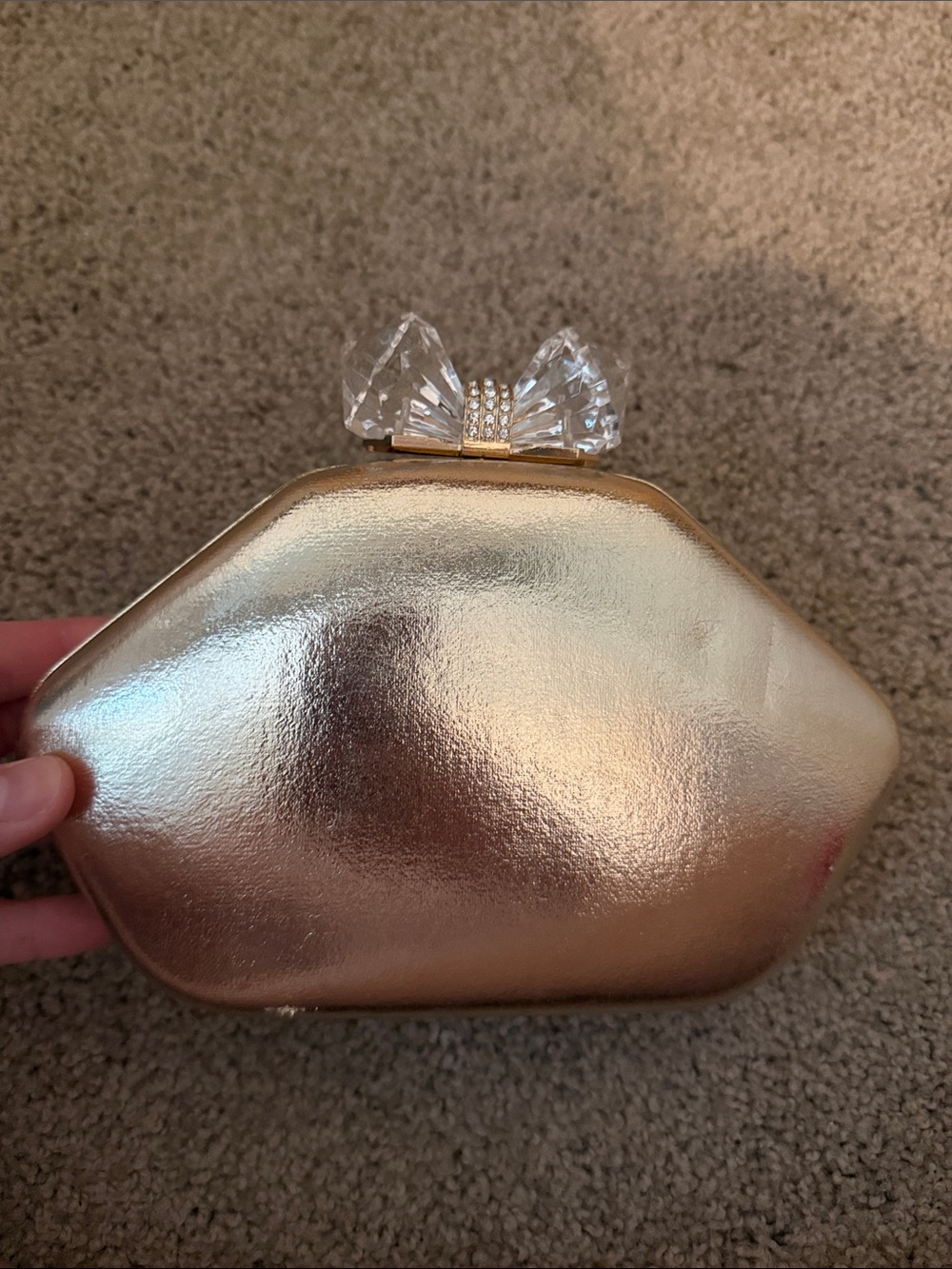 Charming Charlie Metallic Gold Crystal Bow Clutch